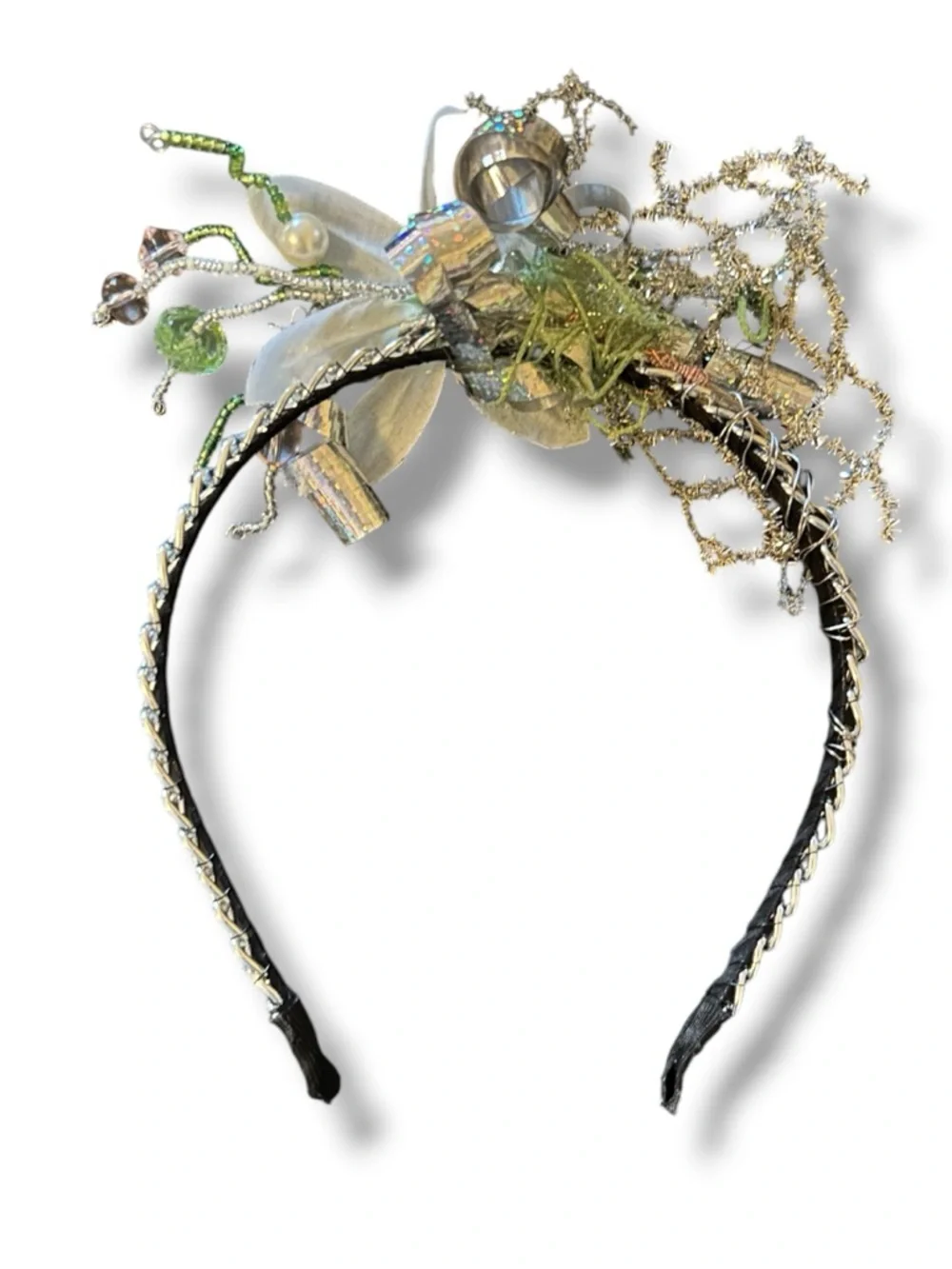 NWT Artisan Black Silver Gold Floral Hair Piece Headband Ribbon Accents Festival - Picture 4 of 7